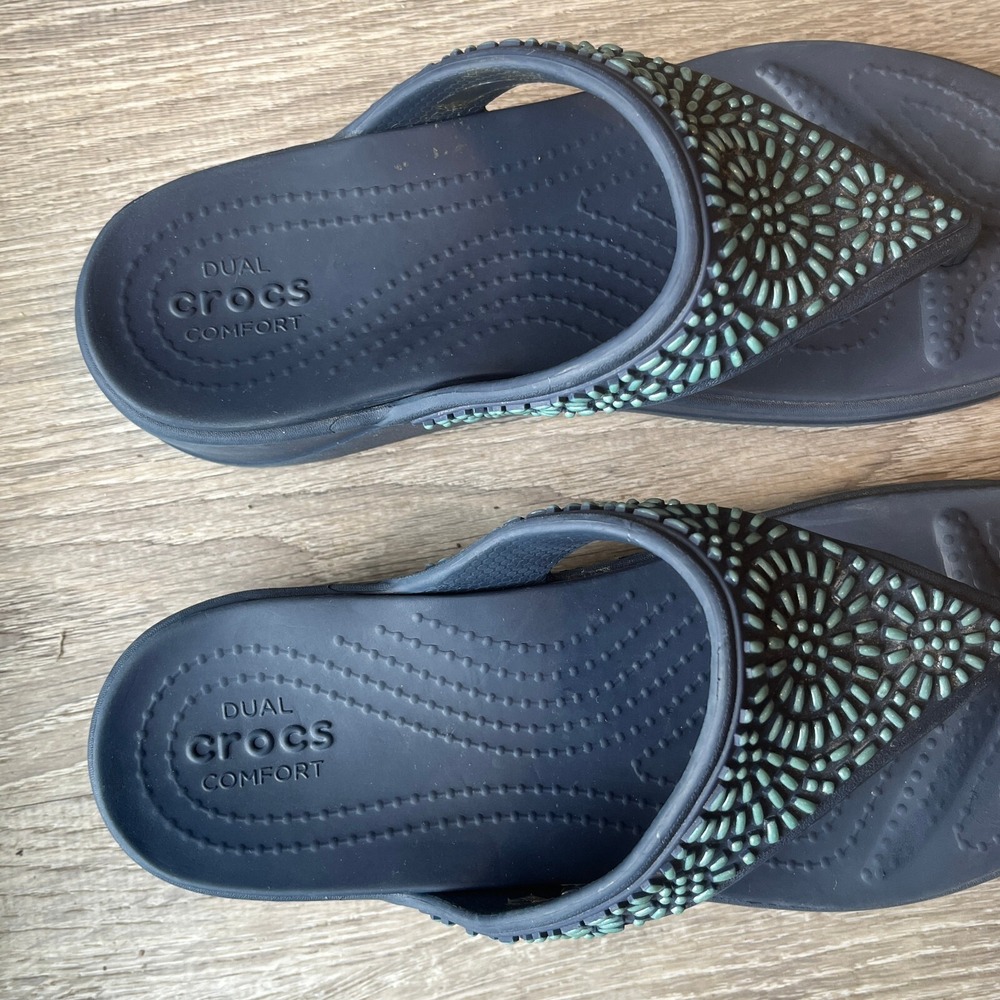 Crocs Monteray Wedge Sandals‎ Beaded Embellished Navy Turquoise Womens 7 - Picture 3 of 8